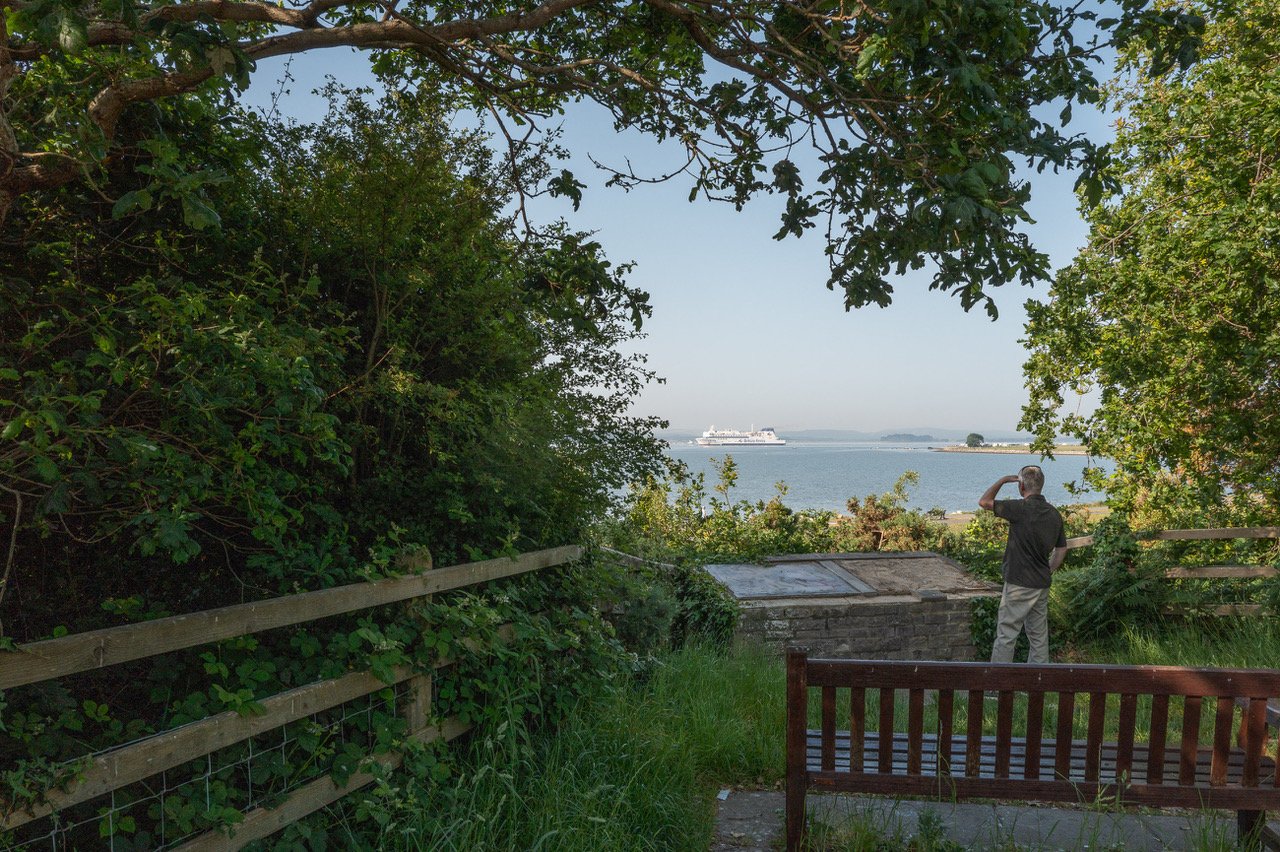 The view point in Whitecliff over Poole Harbour the Condor Ferry and the Park and Leslie Budzynski looking out at the view surrounded by trees